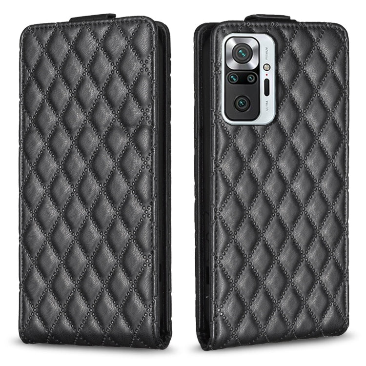 Black leather flip phone case with diamond lattice texture, front and back views.