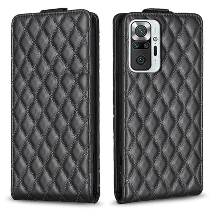 Black leather flip phone case with diamond lattice texture, front and back views.