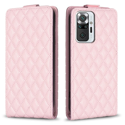 Pink leather flip phone case with diamond lattice texture, front and back views.