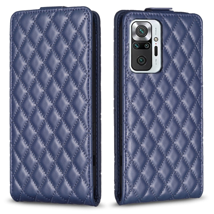 Blue leather flip phone case with diamond lattice texture, front and back views.