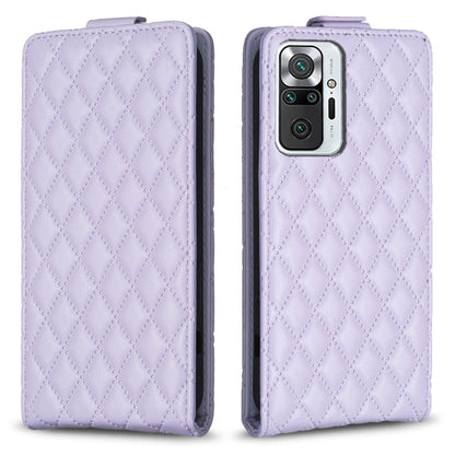 Light purple leather flip phone case with diamond lattice texture, front and back views.