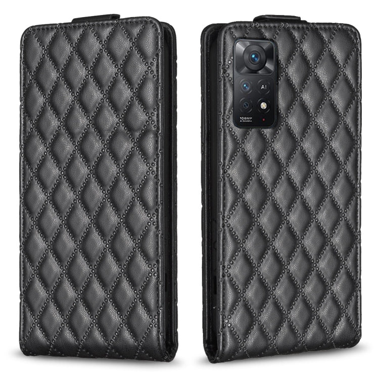 Black diamond-lattice leather flip phone case with camera cutout and stitched edge