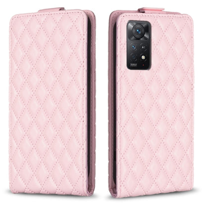 Pink diamond-lattice leather flip phone case with cutouts and front flap