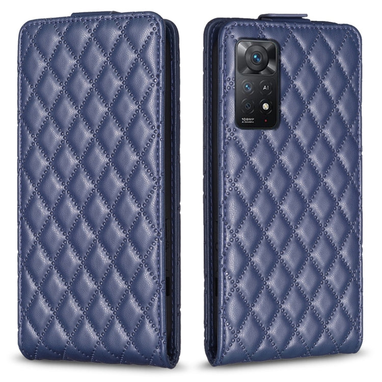 Blue diamond-lattice leather flip phone case with camera cutout and front flap