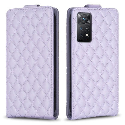 Lavender diamond-lattice leather flip phone case with camera cutout and front flap