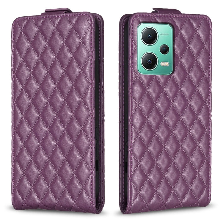 Purple diamond-lattice vertical flip leather phone case with camera cutout