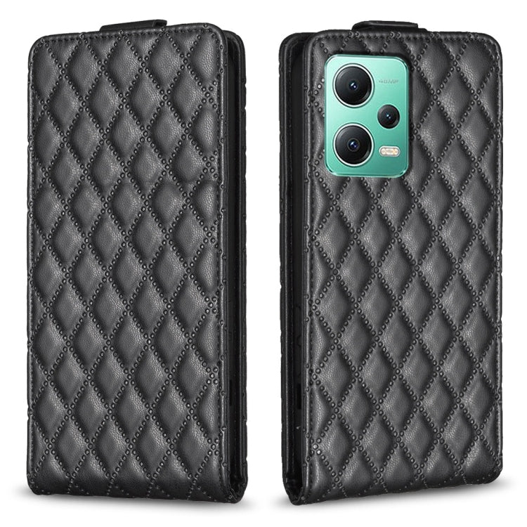 Black diamond-lattice vertical flip leather phone case with camera cutout