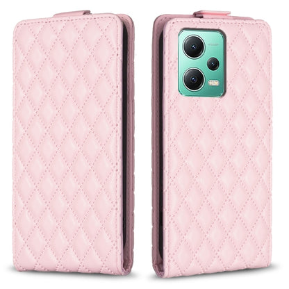 Light pink diamond-lattice vertical flip leather phone case with camera cutout