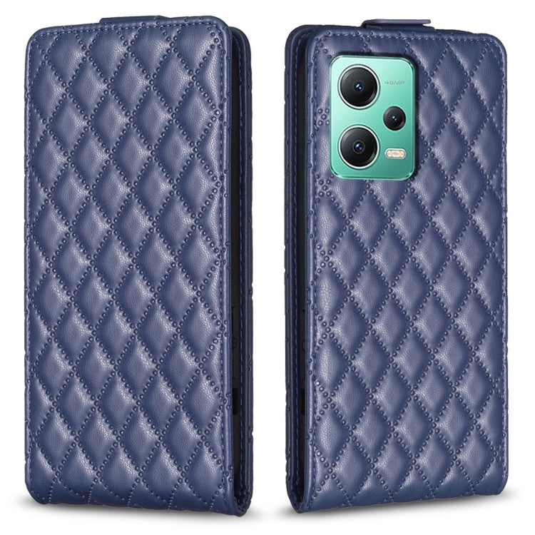 Blue diamond-lattice vertical flip leather phone case with camera cutout