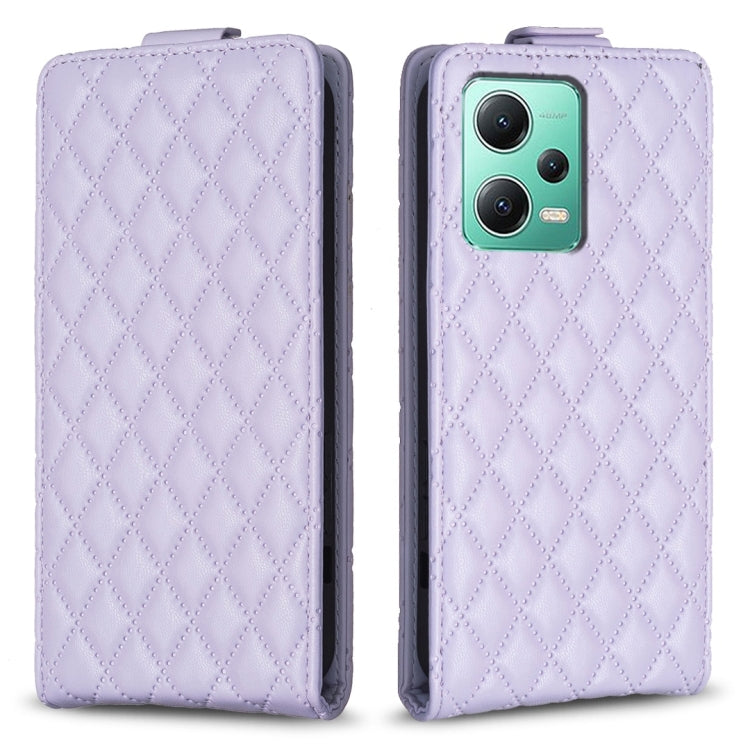 Lavender diamond-lattice vertical flip leather phone case with visible camera cutout