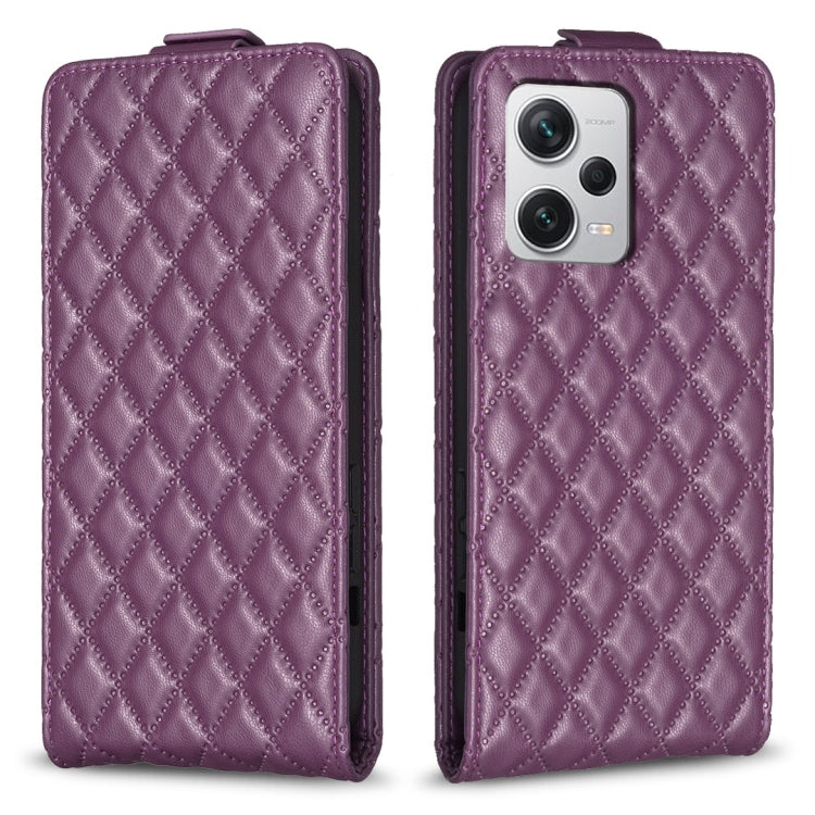 Purple leather flip phone case with diamond lattice texture and dual camera cutout