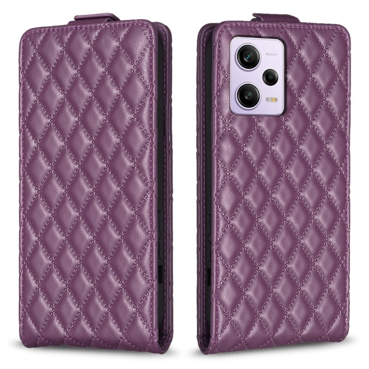 Diamond lattice vertical flip leather phone case in dark purple, with camera cutout