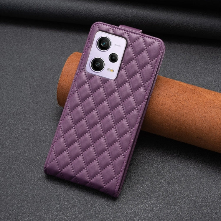 Dark purple diamond lattice flip phone case with screen cover folded outward