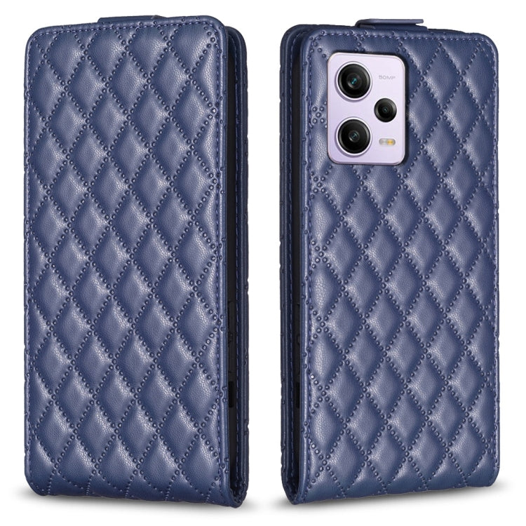 Diamond lattice vertical flip leather phone case in blue, with camera cutout