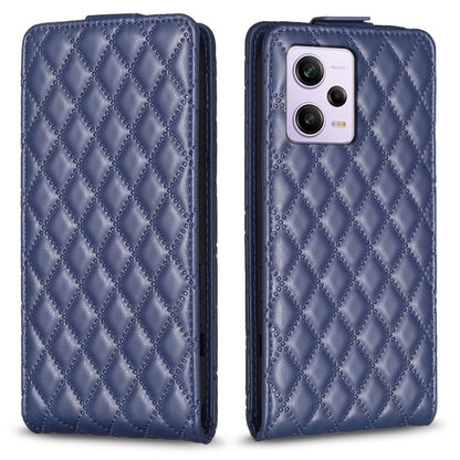 Diamond lattice vertical flip leather phone case in blue, with camera cutout