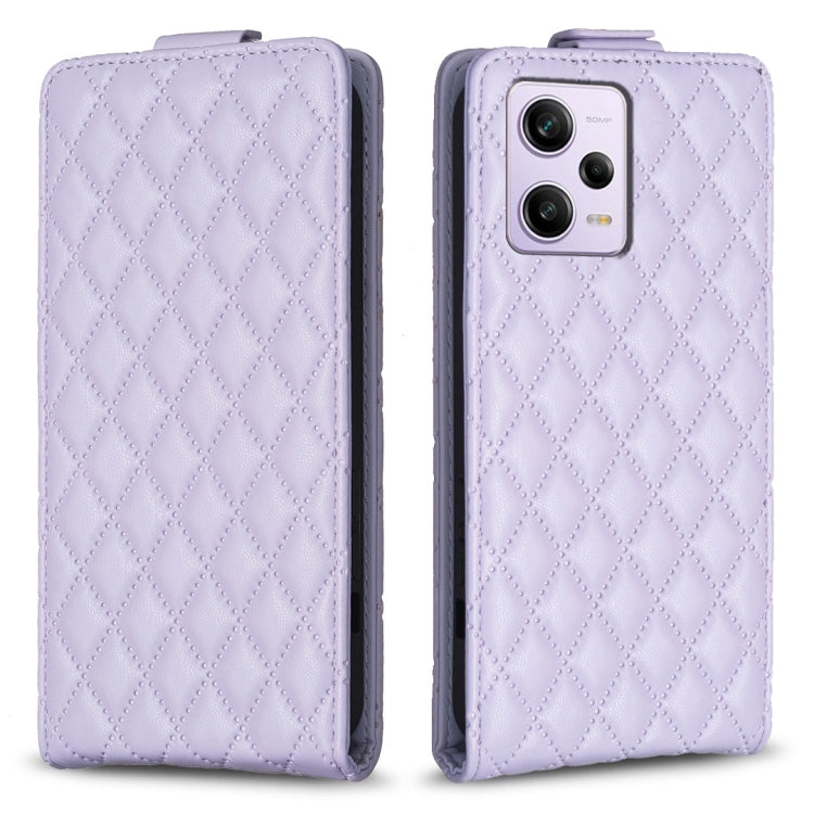 Lavender diamond-lattice vertical flip leather phone case with card slot cutout