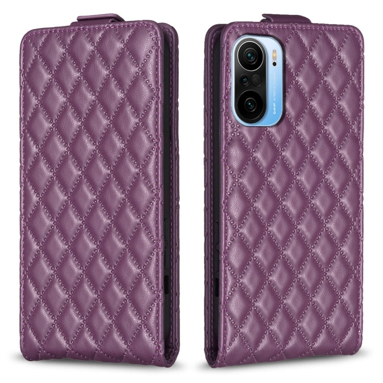Purple vertical flip leather phone case with diamond lattice texture, front and back