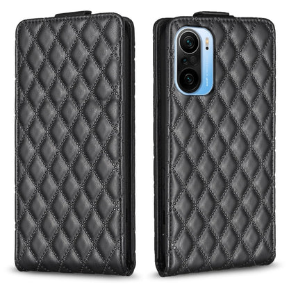 Dark gray vertical flip leather phone case with diamond lattice texture, front and back