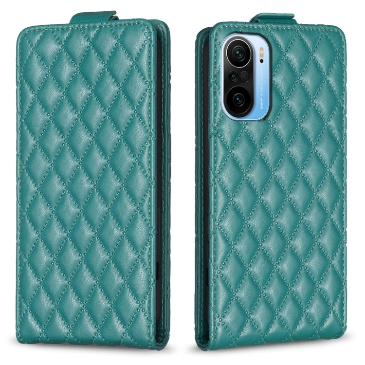 Teal vertical flip leather phone case with diamond lattice texture, front and back