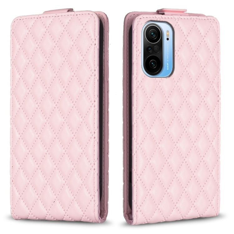 Pink diamond lattice vertical flip leather phone case with card slot and camera cutout