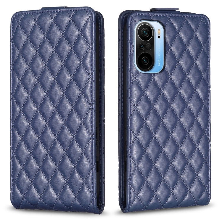 Blue diamond lattice vertical flip leather phone case with card slot and camera cutout