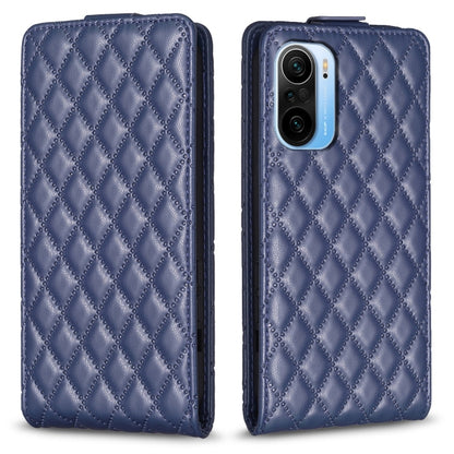 Blue diamond lattice vertical flip leather phone case with card slot and camera cutout