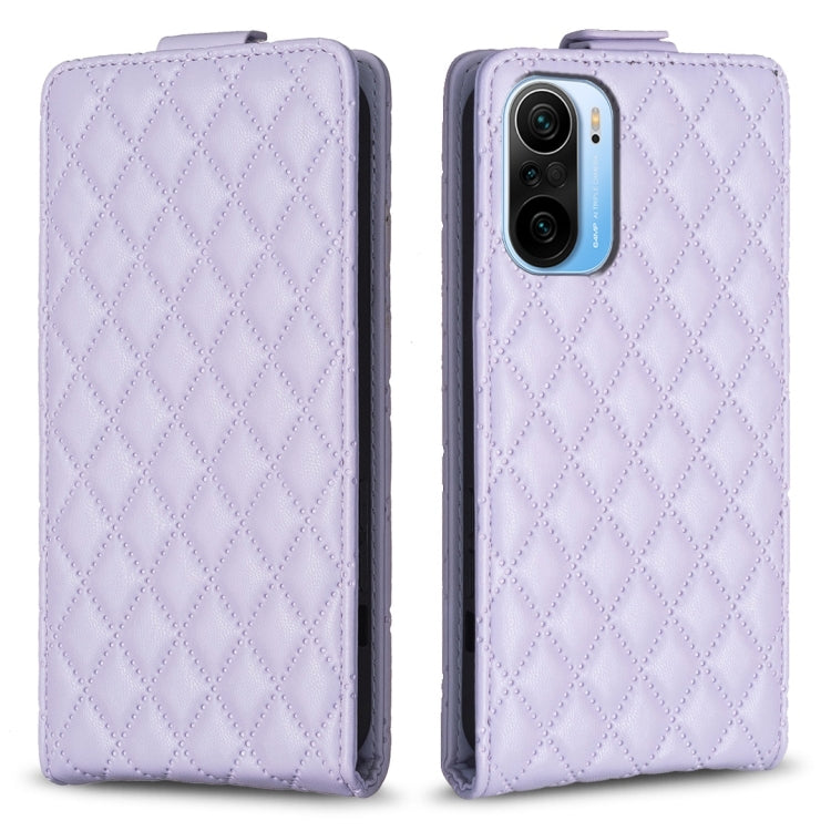 Light purple diamond lattice vertical flip leather phone case with card slot and camera cutout