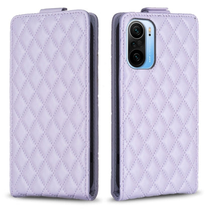 Light purple diamond lattice vertical flip leather phone case with card slot and camera cutout
