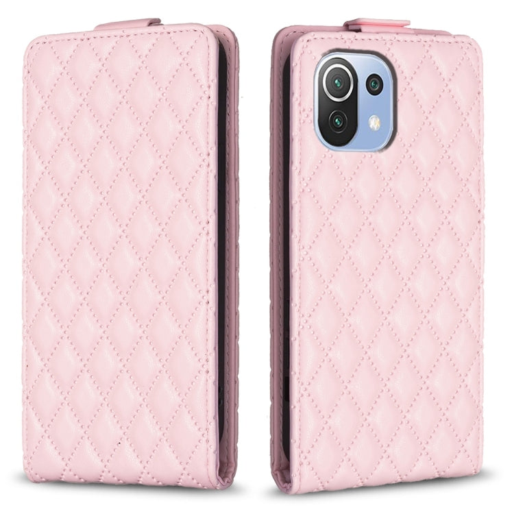 Pink leather flip case with diamond lattice pattern, flip flap, camera cutout