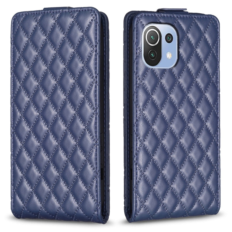 Blue leather flip case with diamond lattice pattern, flip flap, camera cutout