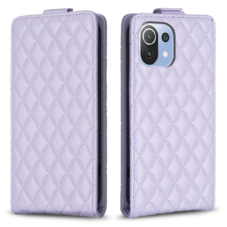 Light purple leather flip case with diamond lattice pattern, flip flap, camera cutout