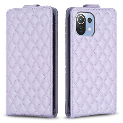 Light purple leather flip case with diamond lattice pattern, flip flap, camera cutout