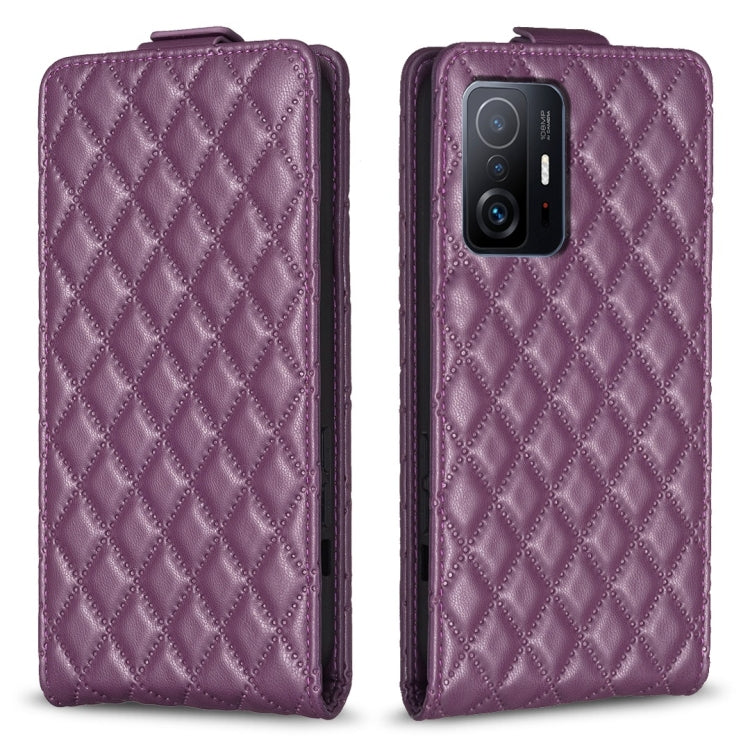 Dark purple diamond lattice leather flip phone case with top flap, slim fit