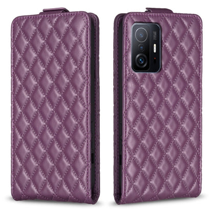 Dark purple diamond lattice leather flip phone case with top flap, slim fit