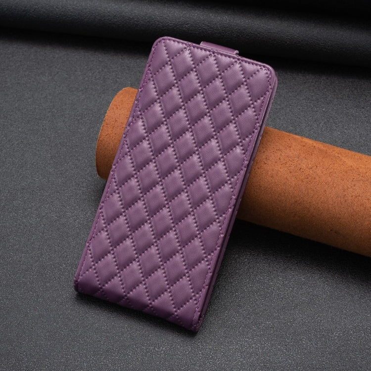 Dark purple diamond lattice leather flip phone case with stand-up folio view