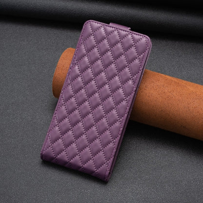 Dark purple diamond lattice leather flip phone case with stand-up folio view