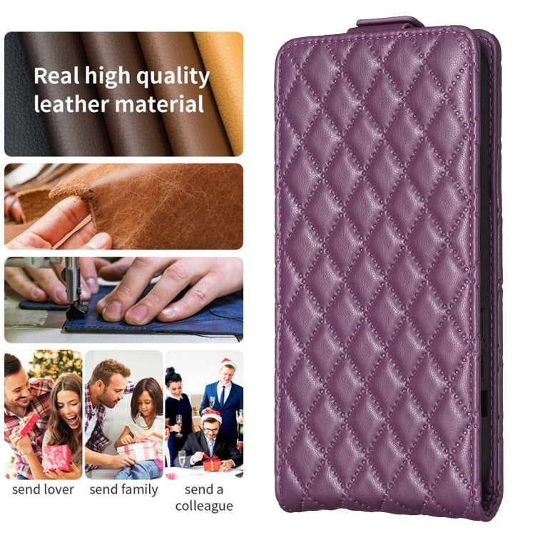 Dark purple diamond lattice leather flip phone case with textured pattern and top flap