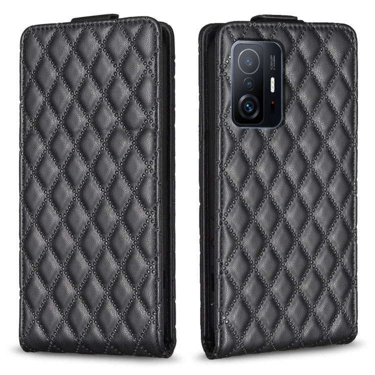 Black diamond lattice leather flip phone case with top flap and camera opening