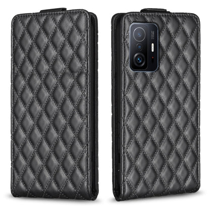 Black diamond lattice leather flip phone case with top flap and camera opening