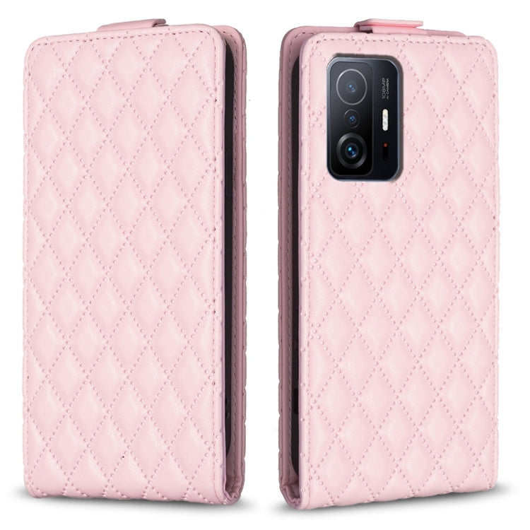 Pink diamond lattice leather flip phone case with top flap and camera opening
