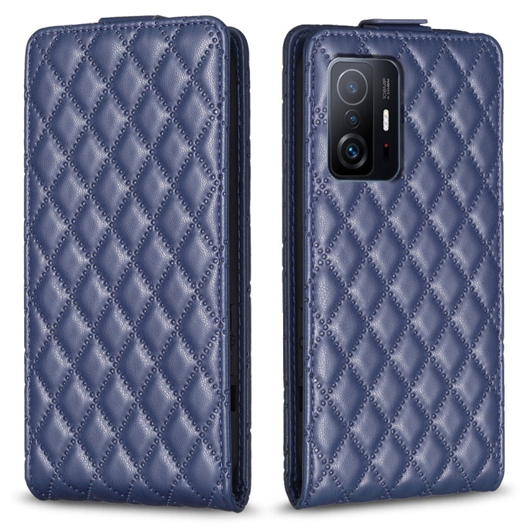 Blue diamond lattice leather flip phone case with top flap and camera cutout