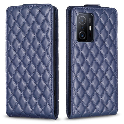 Blue diamond lattice leather flip phone case with top flap and camera cutout