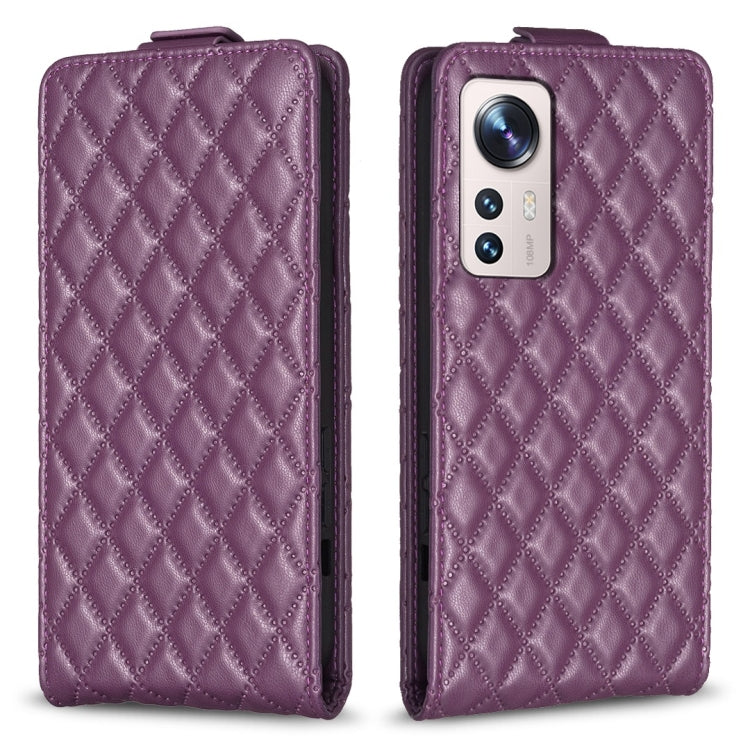 Purple diamond-lattice leather flip phone case with camera cutout and front flap