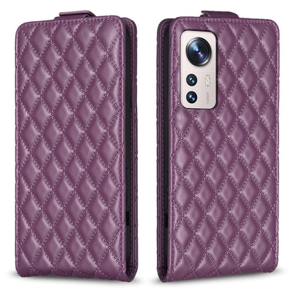 Purple diamond-lattice leather flip phone case with camera cutout and front flap