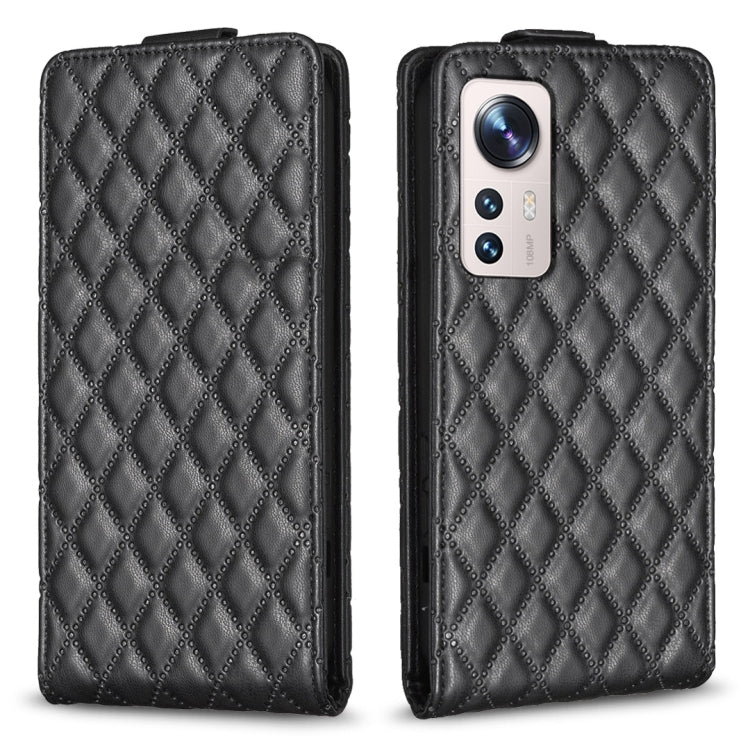 Black diamond-lattice leather flip phone case with camera cutout and front flap