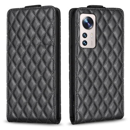 Black diamond-lattice leather flip phone case with camera cutout and front flap