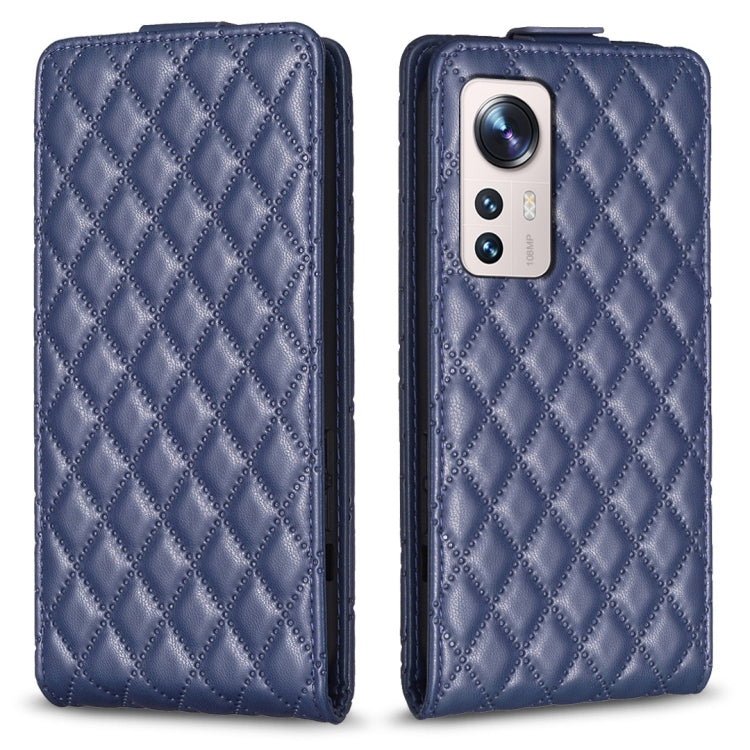 Navy diamond-lattice leather flip phone case with camera cutout and front flap