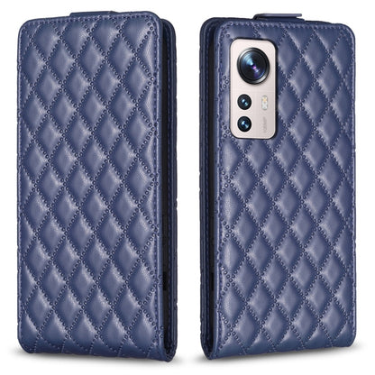 Navy diamond-lattice leather flip phone case with camera cutout and front flap