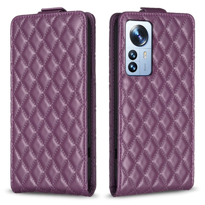 Purple diamond lattice vertical flip leather phone case with card slot and camera cutout