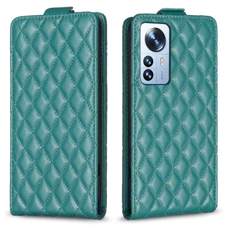 Teal diamond lattice vertical flip leather phone case with card slot and camera cutout